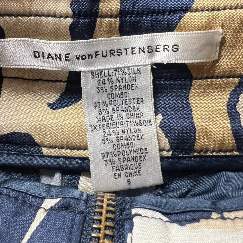 Diane von Furstenberg DVF Silk Leopard Print Cargo‎ Pencil Skirt Navy Tan Size 6